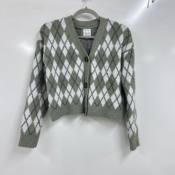 0222 Vintage Argyle Knit Cropped Cardigan preppy Y2K inspired chunky knit - Picture 1 of 9